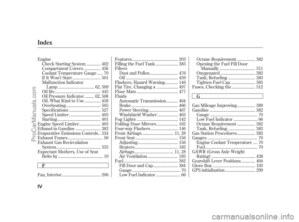ACURA RL 2012  Owners Manual ................ Gas Mileage Improving . 389
......................................... Gasoline . 382
........................................... Gauge . 70
..................... Low Fuel Indicator . 