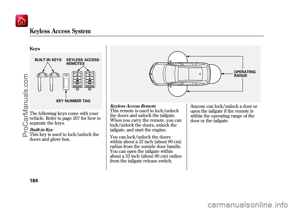 ACURA ZDX 2010 Manual PDF KeysThe following keys come with your
vehicle. Refer to page 207 for how to
separate the keys.Built-in KeyThis key is used to lock/unlock the
doors and glove box.
Keyless Access RemoteThis remote is u ACURA ZDX 2010 Manual PDF KeysThe following keys come with your
vehicle. Refer to page 207 for how to
separate the keys.Built-in KeyThis key is used to lock/unlock the
doors and glove box.
Keyless Access RemoteThis remote is u