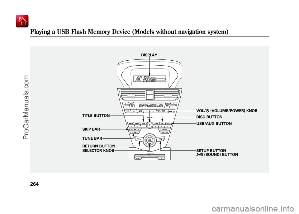 ACURA ZDX 2010 Service Manual DISPLAYVOL/ꂻ(VOLUME/POWER) KNOB
TUNE BAR TITLE BUTTON
SKIP BAR
RETURN BUTTON
SELECTOR KNOB SETUP BUTTON
ꂼ/ꂽ (SOUND) BUTTON
DISC BUTTON
USB/AUX BUTTON
Playing a USB Flash Memory Device (Models wi ACURA ZDX 2010 Service Manual DISPLAYVOL/ꂻ(VOLUME/POWER) KNOB
TUNE BAR TITLE BUTTON
SKIP BAR
RETURN BUTTON
SELECTOR KNOB SETUP BUTTON
ꂼ/ꂽ (SOUND) BUTTON
DISC BUTTON
USB/AUX BUTTON
Playing a USB Flash Memory Device (Models wi