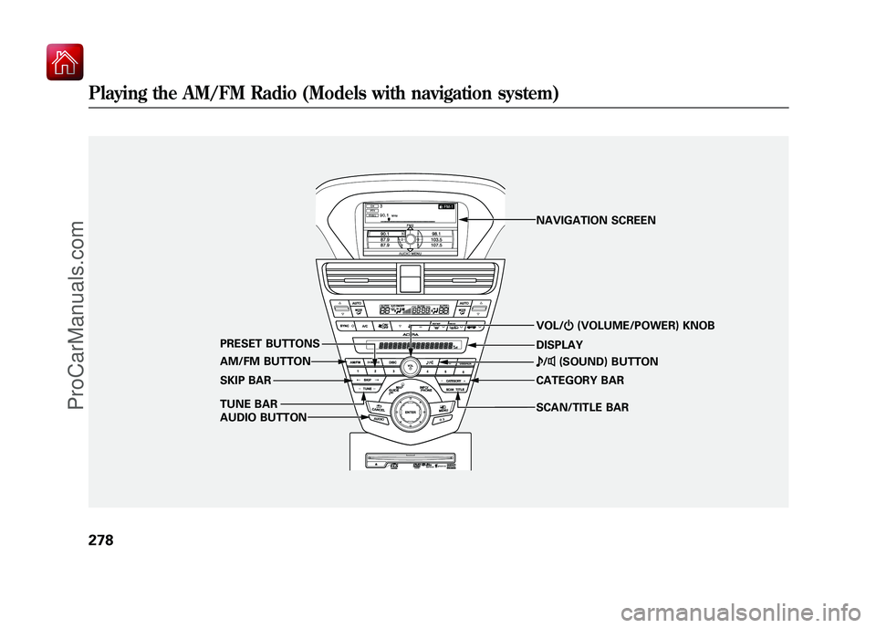 ACURA ZDX 2010 Repair Manual SCAN/TITLE BAR VOL/ꂻ(VOLUME/POWER) KNOB
AM/FM BUTTON
TUNE BAR PRESET BUTTONS
SKIP BAR
AUDIO BUTTON CATEGORY BAR ꂼ
/ꂽ (SOUND) BUTTON
NAVIGATION SCREEN
DISPLAY
Playing the AM/FM Radio (Models with