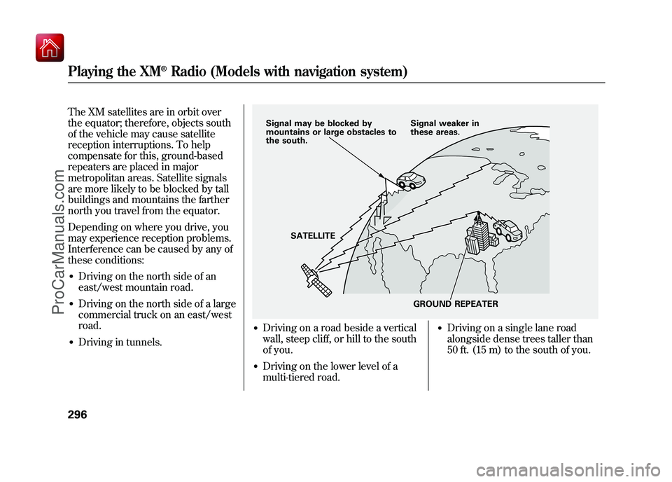 ACURA ZDX 2010 Manual Online The XM satellites are in orbit over
the equator; therefore, objects south
of the vehicle may cause satellite
reception interruptions. To help
compensate for this, ground-based
repeaters are placed in ACURA ZDX 2010 Manual Online The XM satellites are in orbit over
the equator; therefore, objects south
of the vehicle may cause satellite
reception interruptions. To help
compensate for this, ground-based
repeaters are placed in