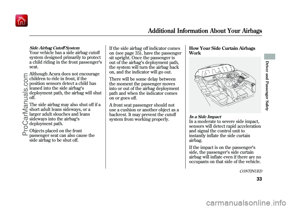 ACURA ZDX 2010 Owners Manual Side Airbag Cutoff SystemYour vehicle has a side airbag cutoff
system designed primarily to protect
a child riding in the front passengers
seat.
Although Acura does not encourage
children to ride in ACURA ZDX 2010 Owners Manual Side Airbag Cutoff SystemYour vehicle has a side airbag cutoff
system designed primarily to protect
a child riding in the front passengers
seat.
Although Acura does not encourage
children to ride in