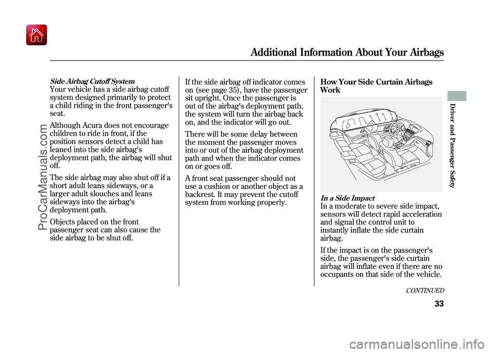 ACURA ZDX 2010  Owners Manual Side Airbag Cutoff SystemYour vehicle has a side airbag cutoff
system designed primarily to protect
a child riding in the front passengers
seat.
Although Acura does not encourage
children to ride in 