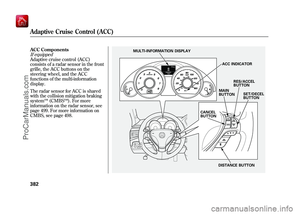 ACURA ZDX 2010 Owners Manual ACC ComponentsIf equippedAdaptive cruise control (ACC)
consists of a radar sensor in the front
grille, the ACC buttons on the
steering wheel, and the ACC
functions of the multi-information
display.
Th ACURA ZDX 2010 Owners Manual ACC ComponentsIf equippedAdaptive cruise control (ACC)
consists of a radar sensor in the front
grille, the ACC buttons on the
steering wheel, and the ACC
functions of the multi-information
display.
Th