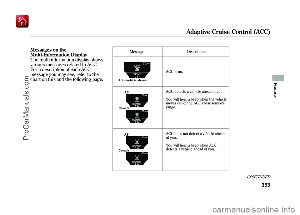 ACURA ZDX 2010 Owners Manual Messages on the
Multi-Information Display
The multi-information display shows
various messages related to ACC.
For a description of each ACC
message you may see, refer to the
chart on this and the fol ACURA ZDX 2010 Owners Manual Messages on the
Multi-Information Display
The multi-information display shows
various messages related to ACC.
For a description of each ACC
message you may see, refer to the
chart on this and the fol