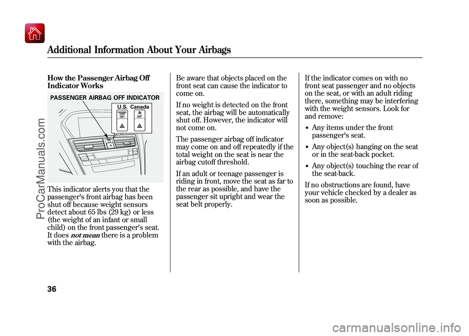 ACURA ZDX 2010  Owners Manual How the Passenger Airbag Off
Indicator WorksThis indicator alerts you that the
passengers front airbag has been
shut off because weight sensors
detect about 65 lbs (29 kg) or less
(the weight of an i