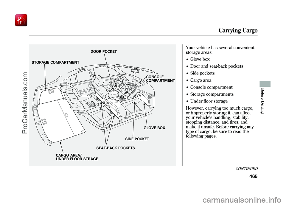 ACURA ZDX 2010 Owners Manual Your vehicle has several convenient
storage areas:●Glove box●Door and seat-back pockets●Side pockets●Cargo area●Console compartment●Storage compartments●Under floor storage
However, carr ACURA ZDX 2010 Owners Manual Your vehicle has several convenient
storage areas:●Glove box●Door and seat-back pockets●Side pockets●Cargo area●Console compartment●Storage compartments●Under floor storage
However, carr