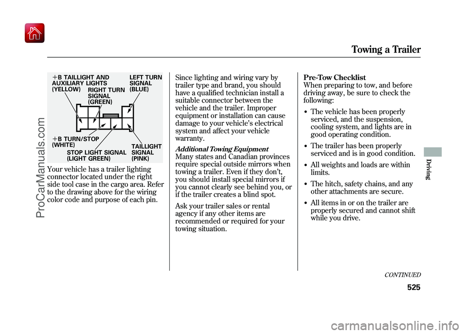 ACURA ZDX 2010 Owners Manual Your vehicle has a trailer lighting
connector located under the right
side tool case in the cargo area. Refer
to the drawing above for the wiring
color code and purpose of each pin.Since lighting and ACURA ZDX 2010 Owners Manual Your vehicle has a trailer lighting
connector located under the right
side tool case in the cargo area. Refer
to the drawing above for the wiring
color code and purpose of each pin.Since lighting and