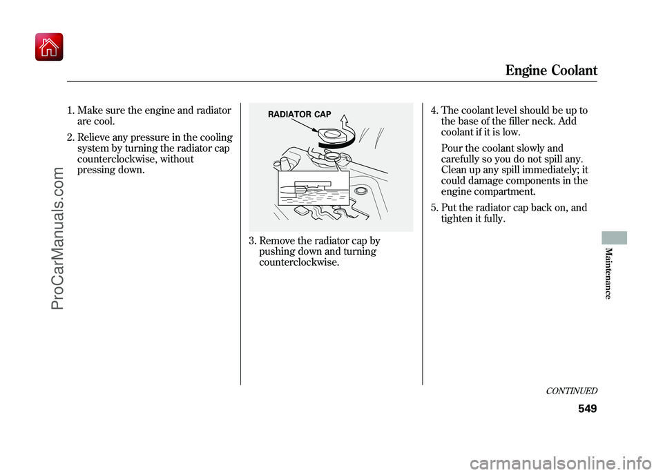 ACURA ZDX 2010 Owners Manual 1. Make sure the engine and radiatorare cool.
2. Relieve any pressure in the cooling system by turning the radiator cap
counterclockwise, without
pressing down.
3. Remove the radiator cap bypushing do ACURA ZDX 2010 Owners Manual 1. Make sure the engine and radiatorare cool.
2. Relieve any pressure in the cooling system by turning the radiator cap
counterclockwise, without
pressing down.
3. Remove the radiator cap bypushing do