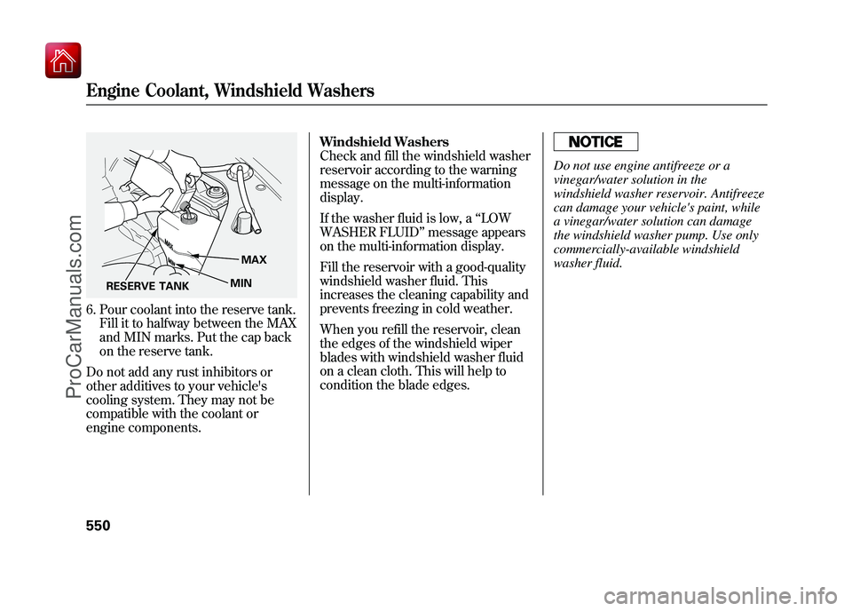 ACURA ZDX 2010 Owners Manual 6. Pour coolant into the reserve tank.Fill it to halfway between the MAX
and MIN marks. Put the cap back
on the reserve tank.
Do not add any rust inhibitors or
other additives to your vehicles
coolin ACURA ZDX 2010 Owners Manual 6. Pour coolant into the reserve tank.Fill it to halfway between the MAX
and MIN marks. Put the cap back
on the reserve tank.
Do not add any rust inhibitors or
other additives to your vehicles
coolin
