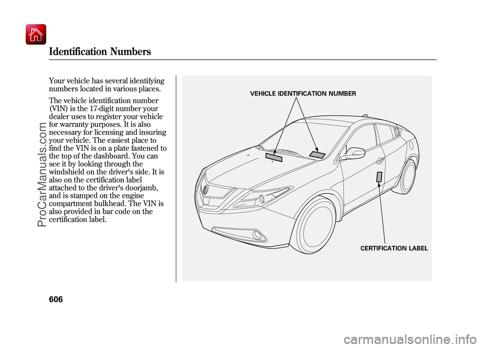 ACURA ZDX 2010  Owners Manual Your vehicle has several identifying
numbers located in various places.
The vehicle identification number
(VIN) is the 17-digit number your
dealer uses to register your vehicle
for warranty purposes. 