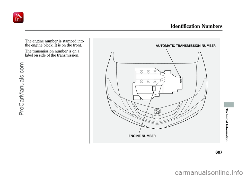 ACURA ZDX 2010  Owners Manual The engine number is stamped into
the engine block. It is on the front.
The transmission number is on a
label on side of the transmission.
ENGINE NUMBERAUTOMATIC TRANSMISSION NUMBER
Identification Num