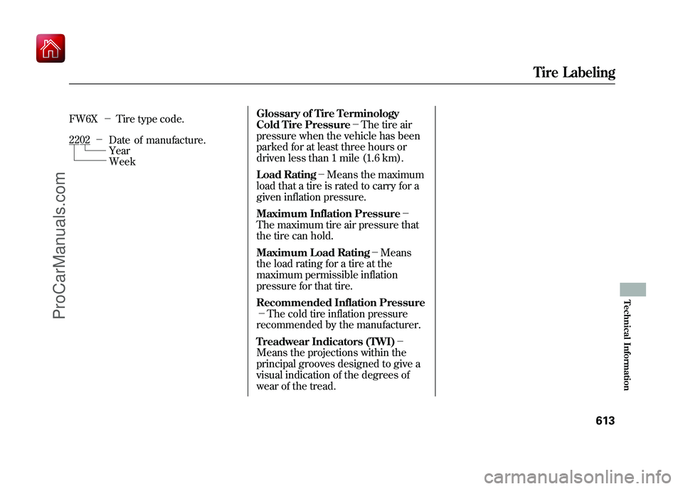 ACURA ZDX 2010 Owners Manual FW6X-Tire type code. Glossary of Tire Terminology
Cold Tire Pressure
-The tire air
pressure when the vehicle has been
parked for at least three hours or
driven less than 1 mile (1.6 km).
Load Rati ACURA ZDX 2010 Owners Manual FW6X-Tire type code. Glossary of Tire Terminology
Cold Tire Pressure
-The tire air
pressure when the vehicle has been
parked for at least three hours or
driven less than 1 mile (1.6 km).
Load Rati