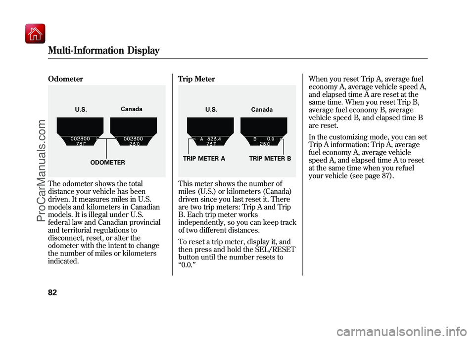 ACURA ZDX 2010  Owners Manual OdometerThe odometer shows the total
distance your vehicle has been
driven. It measures miles in U.S.
models and kilometers in Canadian
models. It is illegal under U.S.
federal law and Canadian provin