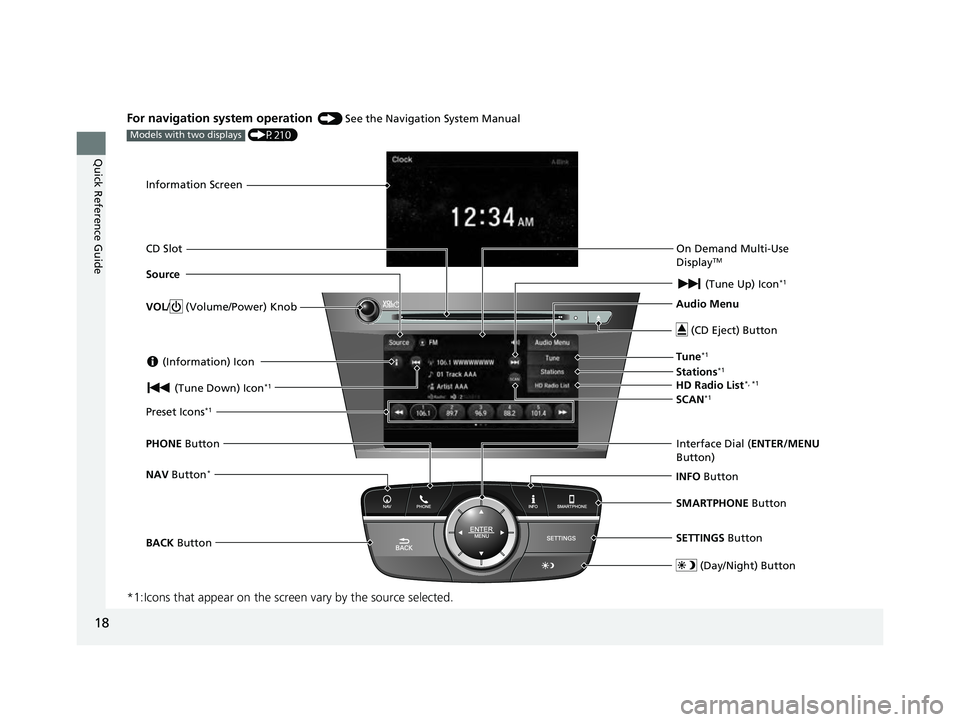 ACURA ILX 2022  Owners Manual 18
Quick Reference Guide
For navigation system operation () See the Navigation System Manual
  (P210)
*1:Icons that appear on  the screen vary by the source selected.
Models with two displays
Informat