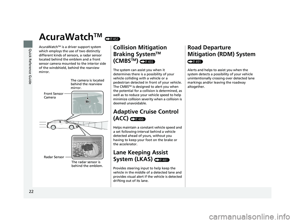 ACURA ILX 2022 Owners Manual 22
Quick Reference Guide
AcuraWatchTM (P452)
AcuraWatch
TM is a driver support system
which employs the use of two distinctly
different kinds of sensors, a radar sensor
located behind the emblem an ACURA ILX 2022 Owners Manual 22
Quick Reference Guide
AcuraWatchTM (P452)
AcuraWatch
TM is a driver support system
which employs the use of two distinctly
different kinds of sensors, a radar sensor
located behind the emblem an