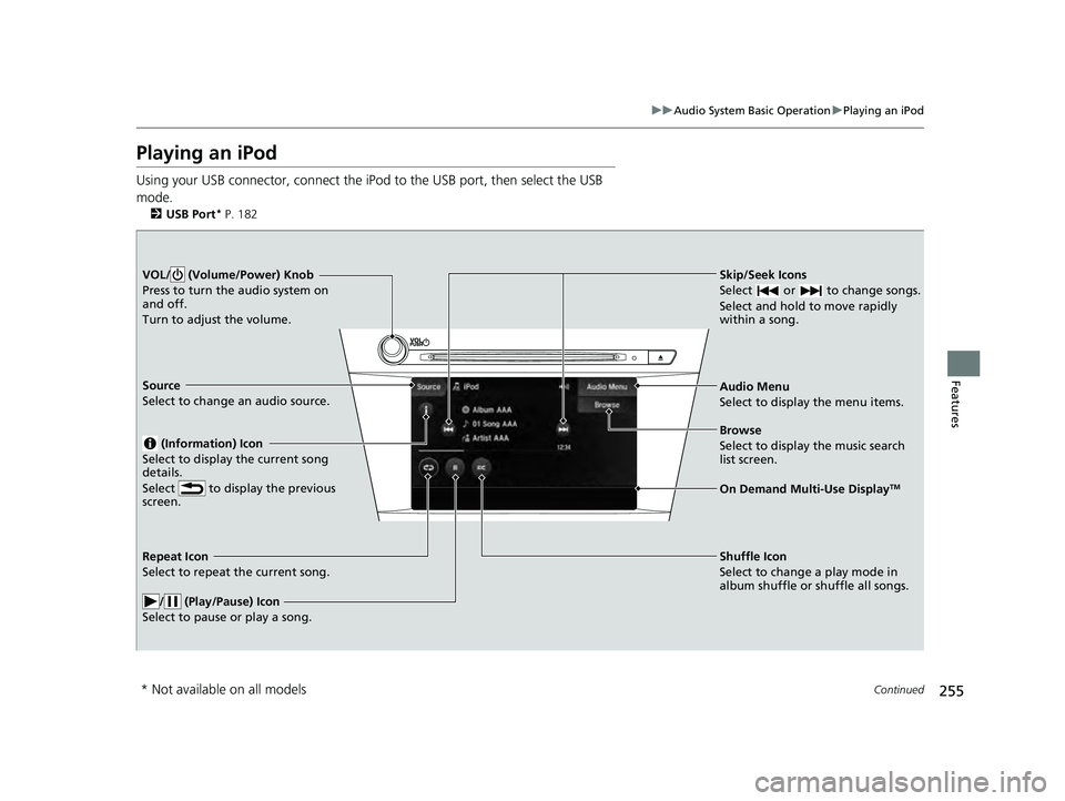 ACURA ILX 2022  Owners Manual 255
uuAudio System Basic Operation uPlaying an iPod
Continued
Features
Playing an iPod
Using your USB connector, connect the iPod to the USB port, then select the USB 
mode.
2 USB Port* P. 182
Skip/Se