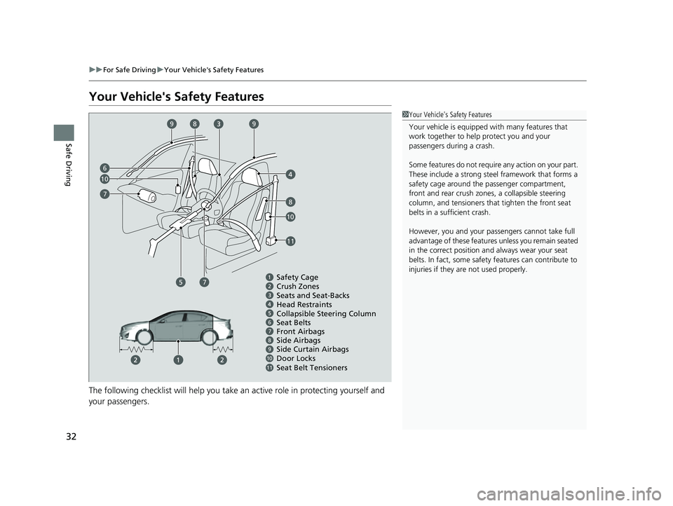 ACURA ILX 2022 Owners Guide 32
uuFor Safe Driving uYour Vehicle's Safety Features
Safe Driving
Your Vehicle's Safety Features
The following checklist will help you take an active role in protecting yourself and
your pa ACURA ILX 2022 Owners Guide 32
uuFor Safe Driving uYour Vehicle's Safety Features
Safe Driving
Your Vehicle's Safety Features
The following checklist will help you take an active role in protecting yourself and
your pa