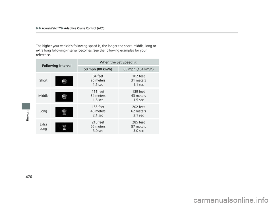 ACURA ILX 2022 Owners Manual 476
uuAcuraWatchTMuAdaptive Cruise Control (ACC)
Driving
The higher your vehicle’s following-speed is, the longer the short, middle, long or
extra long following-interval becomes. See the followin ACURA ILX 2022 Owners Manual 476
uuAcuraWatchTMuAdaptive Cruise Control (ACC)
Driving
The higher your vehicle’s following-speed is, the longer the short, middle, long or
extra long following-interval becomes. See the followin