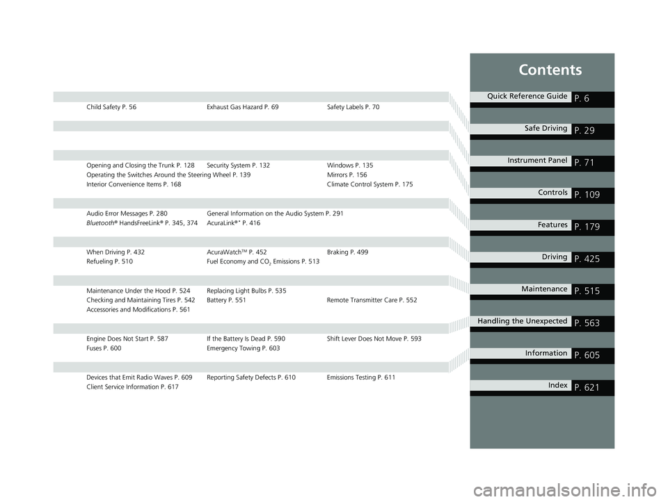 ACURA ILX 2022  Owners Manual Contents
Child Safety P. 56Exhaust Gas Hazard P. 69Safety Labels P. 70
Opening and Closing the Trunk P. 128 Security System P. 132 Windows P. 135
Operating the Switches Around the Steering Wheel P. 13