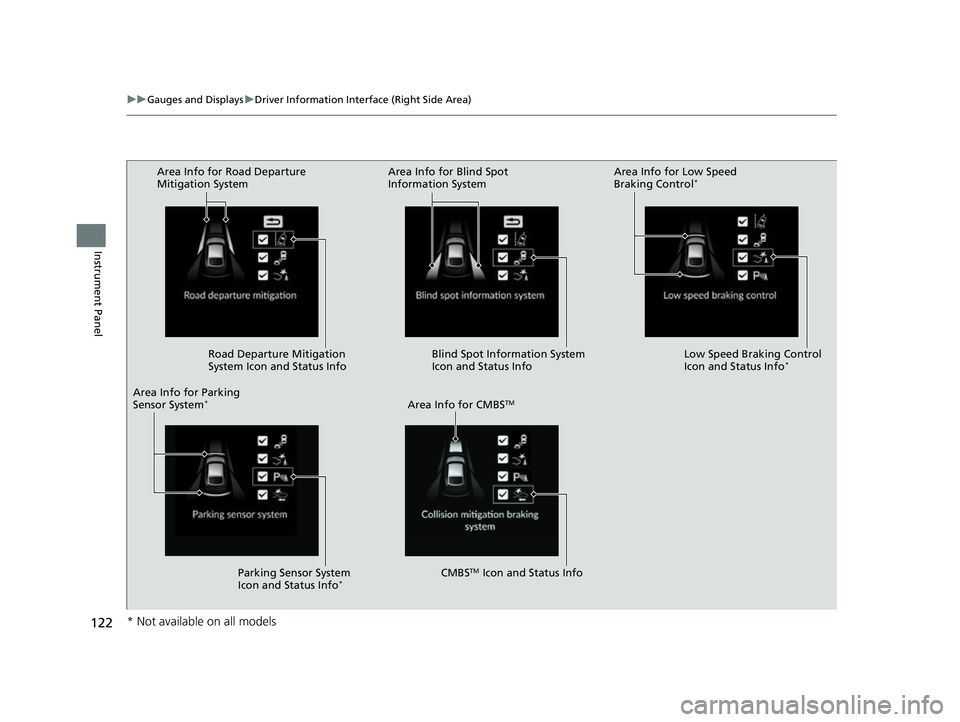 ACURA INTEGRA 2023 Owners Manual 122
uuGauges and Displays uDriver Information Interface (Right Side Area)
Instrument Panel
Area Info for Road Departure
Mitigation System
Road Departure Mitigation
System Icon and Status Info
Area I ACURA INTEGRA 2023 Owners Manual 122
uuGauges and Displays uDriver Information Interface (Right Side Area)
Instrument Panel
Area Info for Road Departure
Mitigation System
Road Departure Mitigation
System Icon and Status Info
Area I
