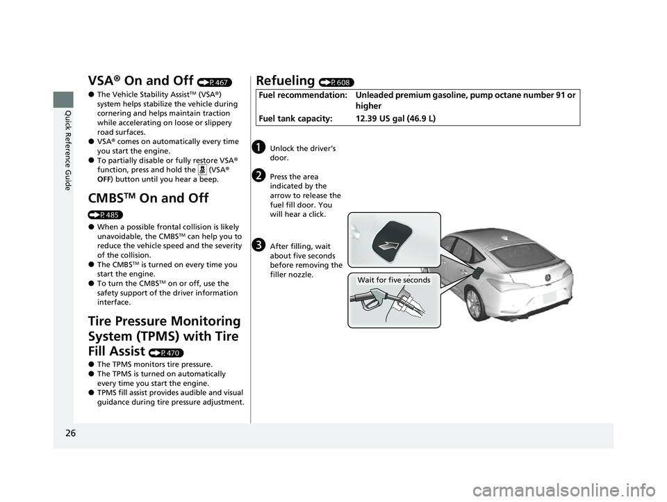 ACURA INTEGRA 2023  Owners Manual 26
Quick Reference Guide
VSA® On and Off (P467)
●The Vehicle Stability AssistTM (VSA® ) 
system helps stabilize the vehicle during 
cornering and helps  maintain traction 
while accelerating on lo