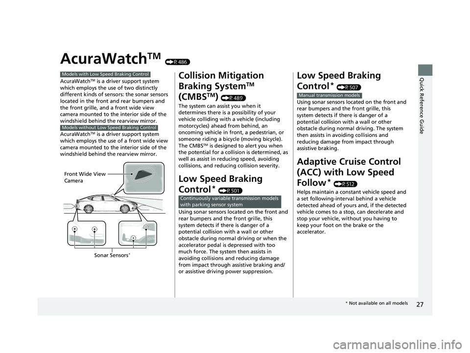 ACURA INTEGRA 2024  Owners Manual 27
Quick Reference Guide
AcuraWatchTM (P486)
AcuraWatch
TM is a driver support system 
which employs the use of two distinctly 
different kinds of sens ors: the sonar sensors 
located in the front and
