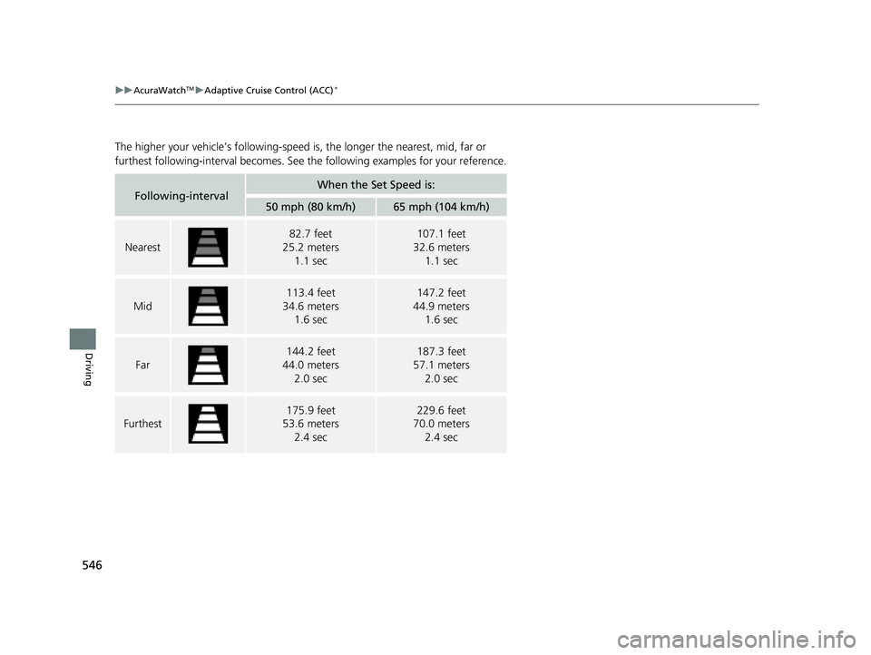ACURA INTEGRA 2024  Owners Manual 546
uuAcuraWatchTMuAdaptive Cruise Control (ACC)*
Driving
The higher your vehicle