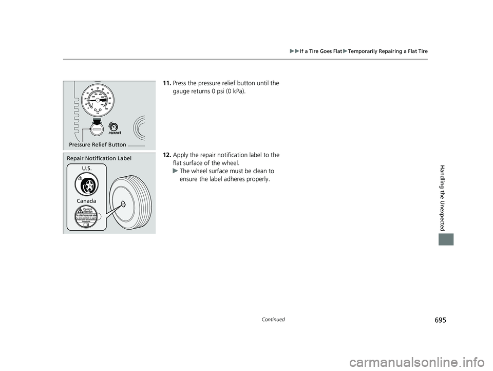 ACURA INTEGRA 2024  Owners Manual 695
uuIf a Tire Goes Flat uTemporarily Repairing a Flat Tire
Continued
Handling the Unexpected
11. Press the pressure relief button until the 
gauge returns 0 psi (0 kPa).
12. Apply the repair notific