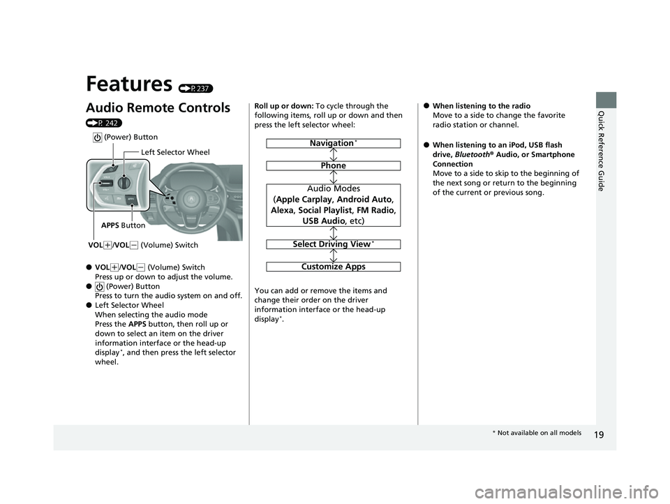 ACURA MDX 2022 User Guide 19
Quick Reference Guide
Features (P237)
Audio Remote Controls
(P 242)
●VOL(+/VOL( - (Volume) Switch
Press up or down to adjust the volume.
● (Power) Button
Press to turn the audio system on and ACURA MDX 2022 User Guide 19
Quick Reference Guide
Features (P237)
Audio Remote Controls
(P 242)
●VOL(+/VOL( - (Volume) Switch
Press up or down to adjust the volume.
● (Power) Button
Press to turn the audio system on and