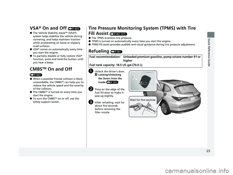 ACURA MDX 2022  Owners Manual 23
Quick Reference Guide
VSA® On and Off (P464)
●The Vehicle Stability AssistTM (VSA® ) 
system helps stabilize the vehicle during 
cornering, and helps maintain traction 
while accelerating on lo