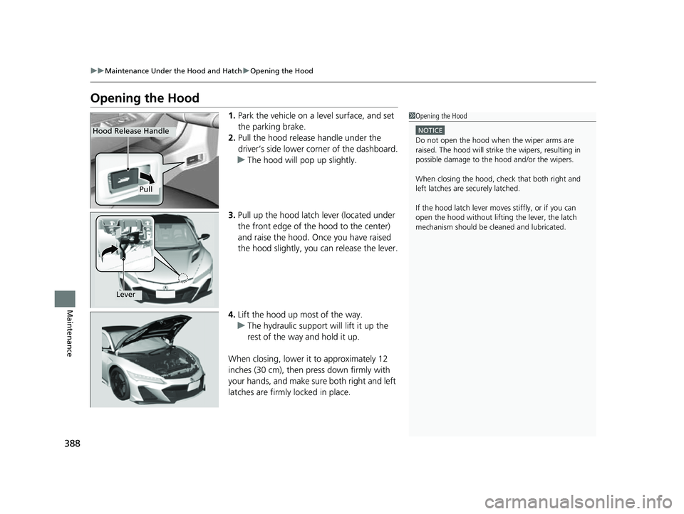 ACURA NSX 2022 Owners Manual 388
uuMaintenance Under the Hood and Hatch uOpening the Hood
Maintenance
Opening the Hood
1. Park the vehicle on a level surface, and set
the parking brake.
2. Pull the hood release handle under the ACURA NSX 2022 Owners Manual 388
uuMaintenance Under the Hood and Hatch uOpening the Hood
Maintenance
Opening the Hood
1. Park the vehicle on a level surface, and set
the parking brake.
2. Pull the hood release handle under the