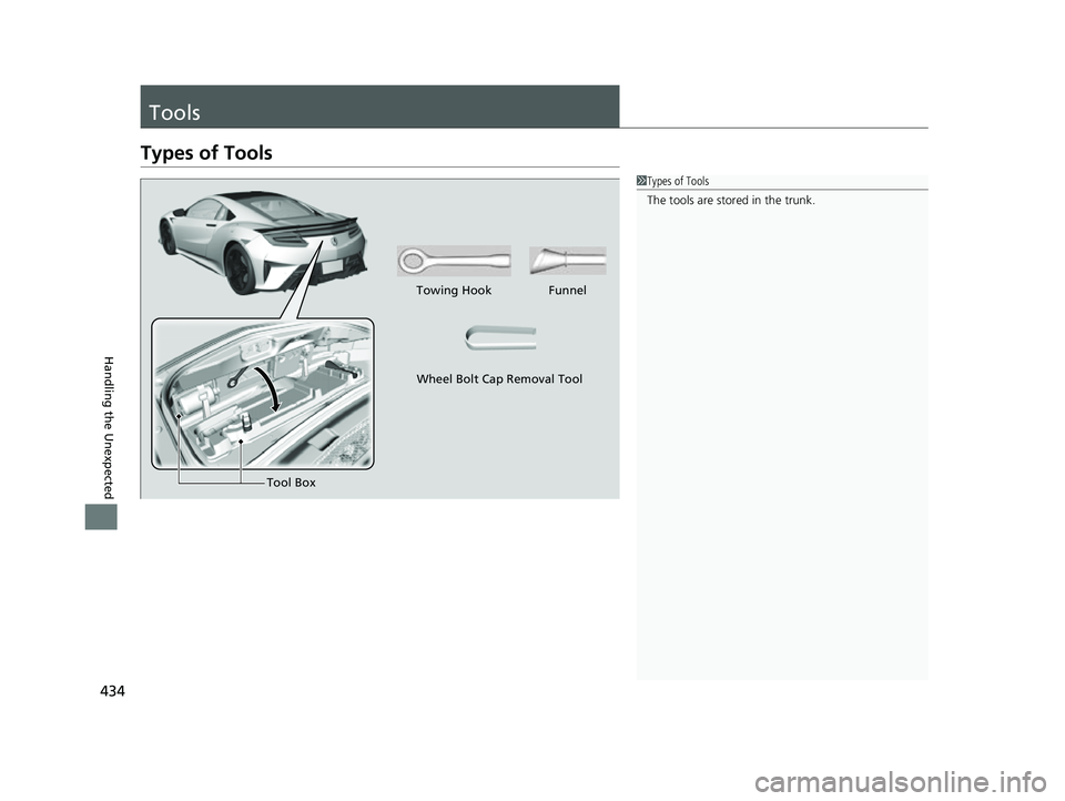 ACURA NSX 2022 Owners Manual 434
Handling the Unexpected
Tools
Types of Tools
1Types of Tools
The tools are stored in the trunk.
Towing Hook Funnel
Tool Box
Wheel Bolt Cap Removal Tool
22 ACURA NSX PMC-31T6N6500.book 434 ペー ACURA NSX 2022 Owners Manual 434
Handling the Unexpected
Tools
Types of Tools
1Types of Tools
The tools are stored in the trunk.
Towing Hook Funnel
Tool Box
Wheel Bolt Cap Removal Tool
22 ACURA NSX PMC-31T6N6500.book 434 ペー