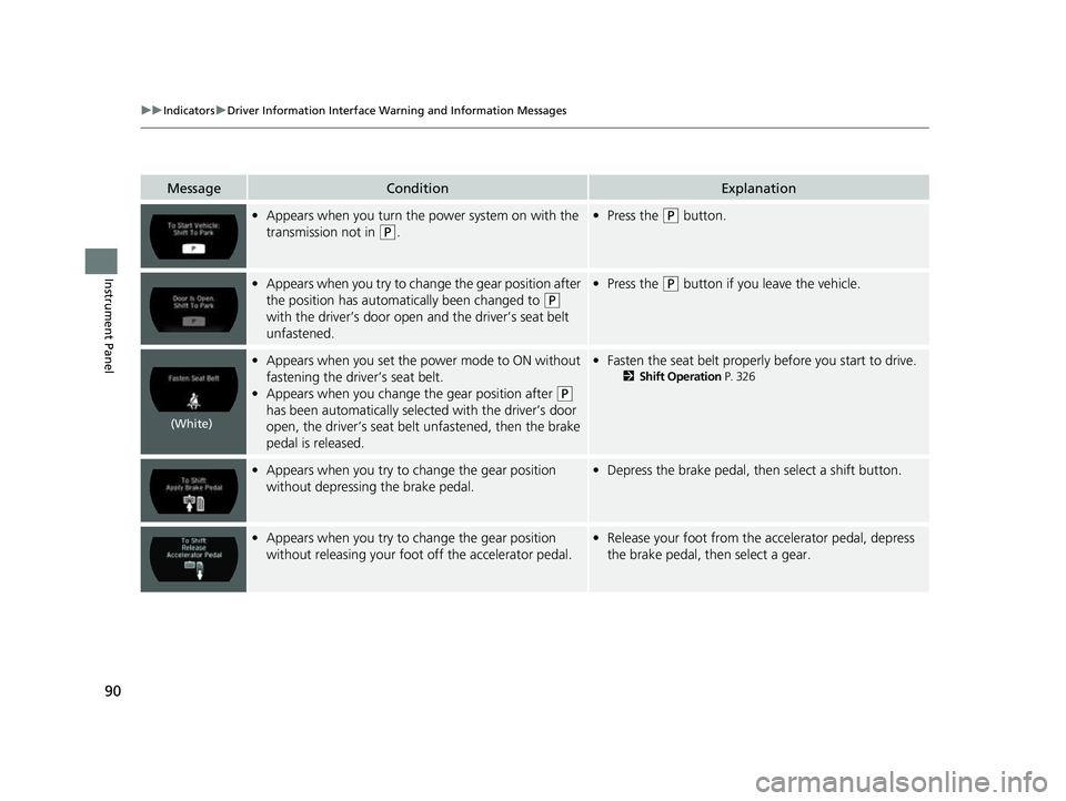 ACURA NSX 2022 Owners Manual 90
uuIndicators uDriver Information Interface Wa rning and Information Messages
Instrument Panel
MessageConditionExplanation
•Appears when you turn the power system on with the
transmission not in ACURA NSX 2022 Owners Manual 90
uuIndicators uDriver Information Interface Wa rning and Information Messages
Instrument Panel
MessageConditionExplanation
•Appears when you turn the power system on with the
transmission not in