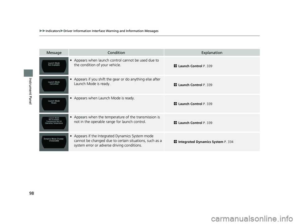 ACURA NSX 2022 Owners Manual 98
uuIndicators uDriver Information Interface Wa rning and Information Messages
Instrument Panel
MessageConditionExplanation
•Appears when launch control cannot be used due to
the condition of your ACURA NSX 2022 Owners Manual 98
uuIndicators uDriver Information Interface Wa rning and Information Messages
Instrument Panel
MessageConditionExplanation
•Appears when launch control cannot be used due to
the condition of your