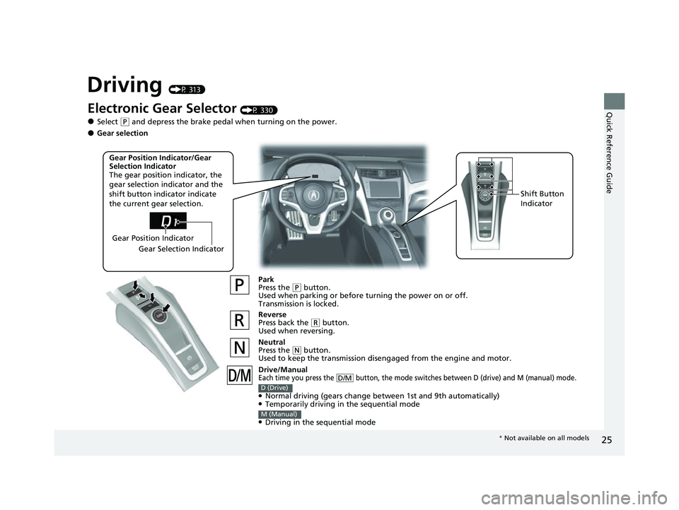 ACURA NSX 2021  Owners Manual 25
Quick Reference Guide
Driving (P 313)
Electronic Gear Selector (P 330)
●Select (P and depress the brake pedal when turning on the power.
Park
Press the 
(P button.
Used when parking or before tur