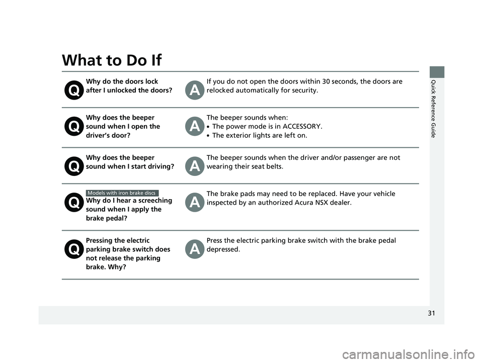ACURA NSX 2021  Owners Manual 31
Quick Reference Guide
What to Do If
Why do the doors lock 
after I unlocked the doors?If you do not open the doors within 30 seconds, the doors are 
relocked automatically for security.
Why does th