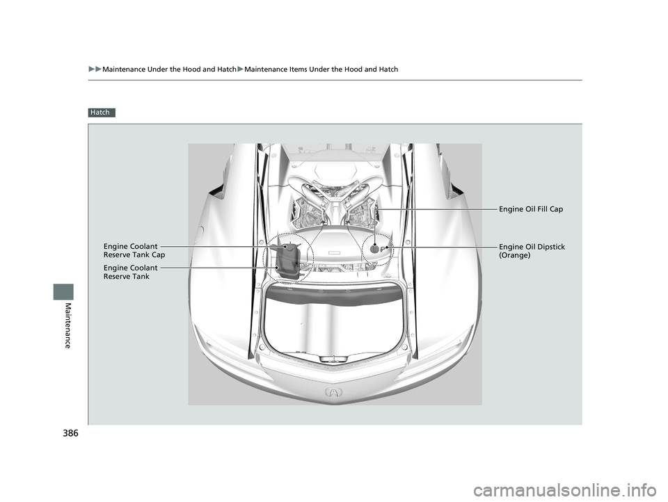 ACURA NSX 2020  Owners Manual 386
uuMaintenance Under the Hood and HatchuMaintenance Items Under the Hood and Hatch
Maintenance
Hatch
Engine Oil Fill Cap
Engine Coolant  
Reserve Tank Cap Engine Oil Dipstick 
(Orange)
Engine Coola