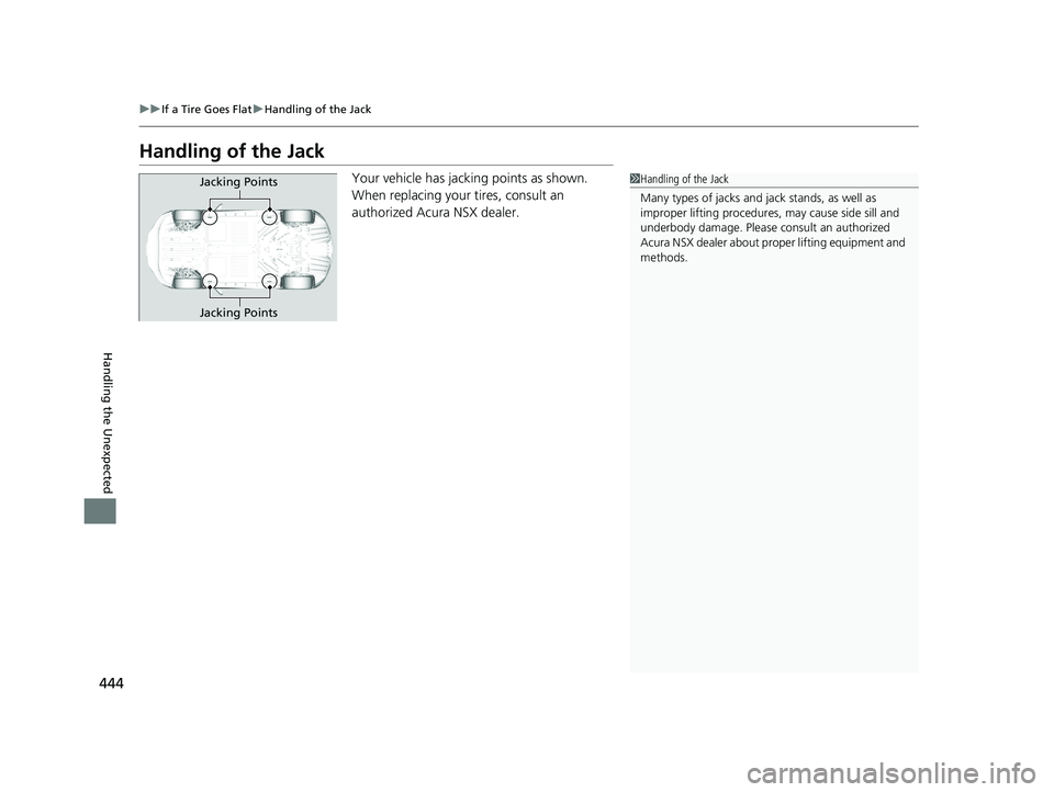 ACURA NSX 2020  Owners Manual 444
uuIf a Tire Goes FlatuHandling of the Jack
Handling the Unexpected
Handling of the JackYour vehicle has jacking points as shown.  
When replacing your tires, consult an 
authorized Acura NSX deale