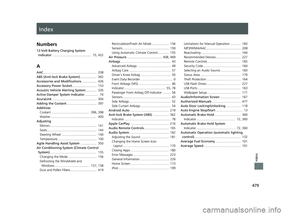 ACURA NSX 2020 Owners Manual Index
479
Index
Index
Numbers 
12-Volt Battery Charging System Indicator ...........................................  75, 452
A AAC ...........................................................  208
ABS