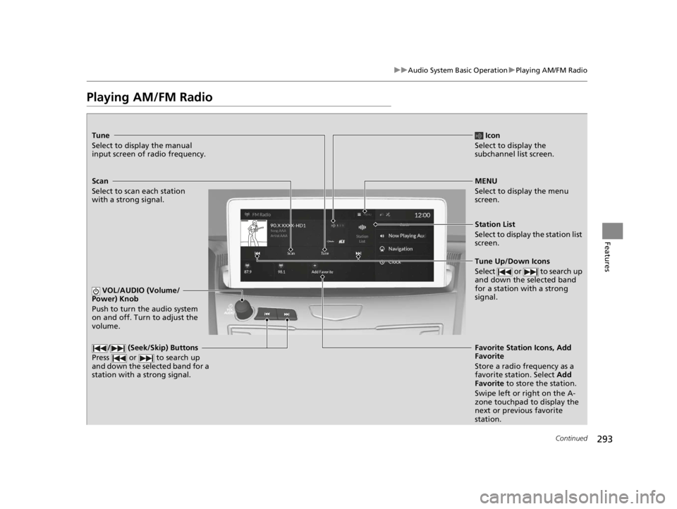 ACURA RDX 2022  Owners Manual 293
uuAudio System Basic Operation uPlaying AM/FM Radio
Continued
Features
Playing AM/FM Radio
Tune
Select to display the manual 
input screen of radio frequency.
MENU
Select to display the menu 
scre