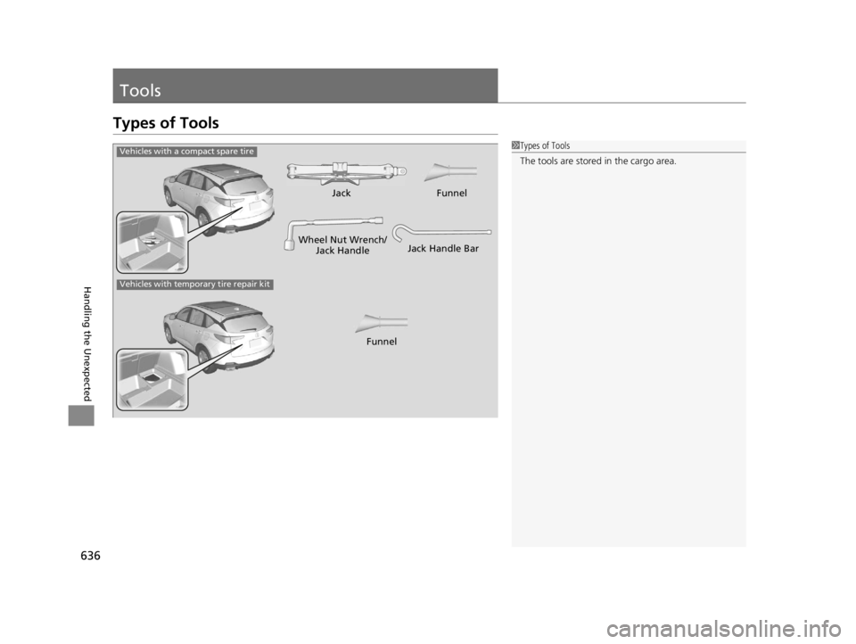 ACURA RDX 2022 Owners Manual 636
Handling the Unexpected
Tools
Types of Tools
1Types of Tools
The tools are stored in the cargo area.
Wheel Nut Wrench/
Jack HandleJack
Jack Handle Bar
Vehicles with a compact spare tire
Vehicles w ACURA RDX 2022 Owners Manual 636
Handling the Unexpected
Tools
Types of Tools
1Types of Tools
The tools are stored in the cargo area.
Wheel Nut Wrench/
Jack HandleJack
Jack Handle Bar
Vehicles with a compact spare tire
Vehicles w