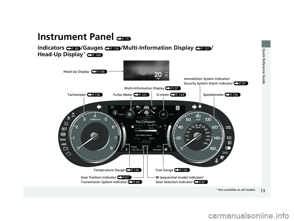 ACURA RDX 2023  Owners Manual 13
Quick Reference Guide
Instrument Panel (P 79)
Indicators (P 80)/Gauges (P 136)/Multi-Information Display (P 137)/
Head-Up Display
* (P 148)
Speedometer (P136 )
Fuel Gauge  (P136 )
Multi-Information