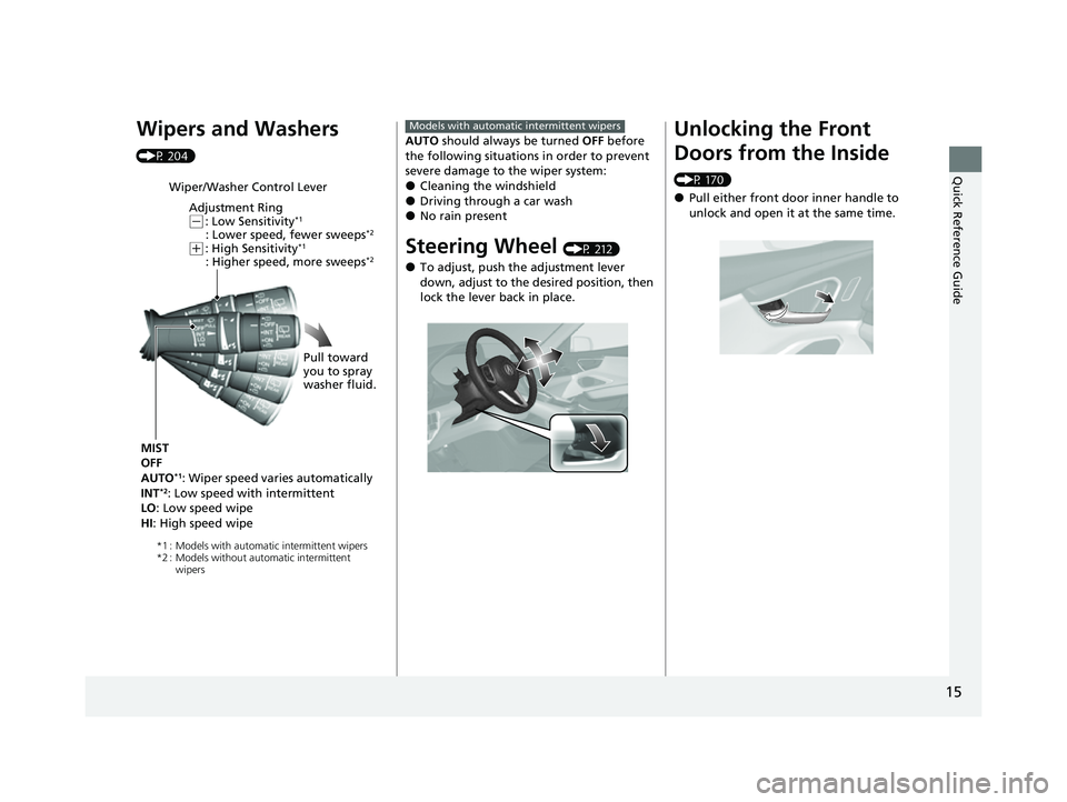 ACURA RDX 2023  Owners Manual 15
Quick Reference Guide
Wipers and Washers 
(P 204)
Wiper/Washer Control LeverAdjustment Ring
(-: Low Sensitivity*1
: Lower speed, fewer sweeps*2
(+: High Sensitivity*1
: Higher speed, more sweeps*2
