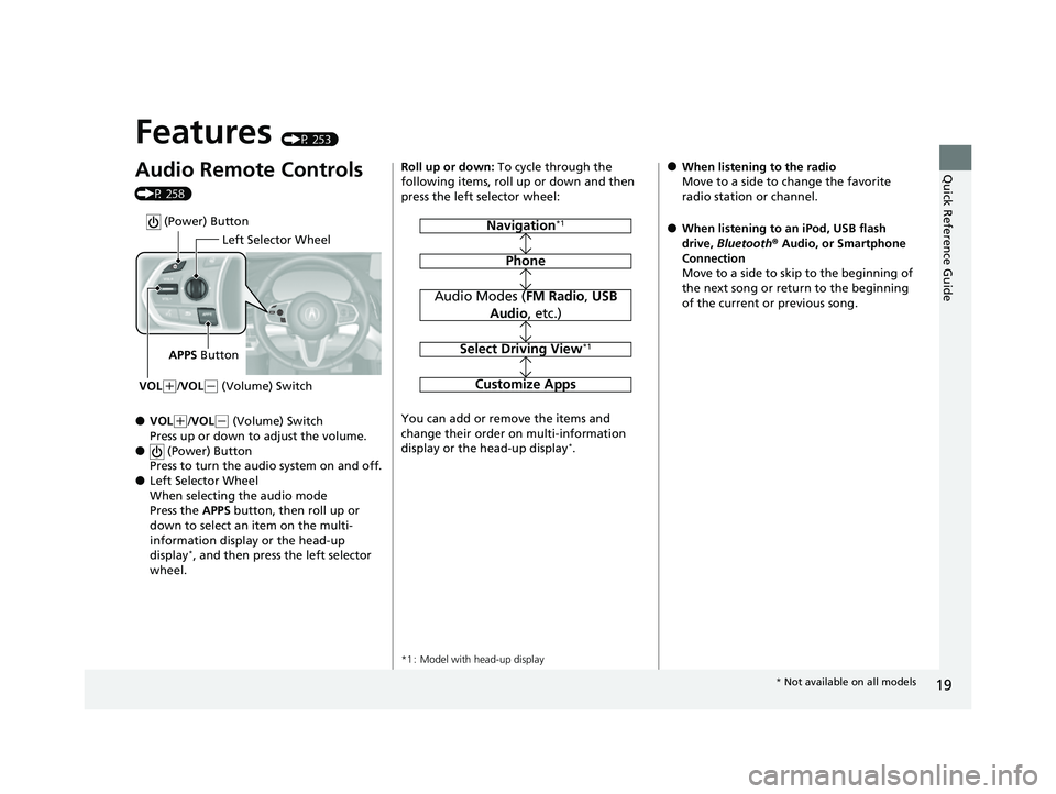 ACURA RDX 2023  Owners Manual 19
Quick Reference Guide
Features (P 253)
Audio Remote Controls 
(P 258)
●VOL(+/VOL( - (Volume) Switch
Press up or down to adjust the volume. 
● (Power) Button
Press to turn the audio system on an