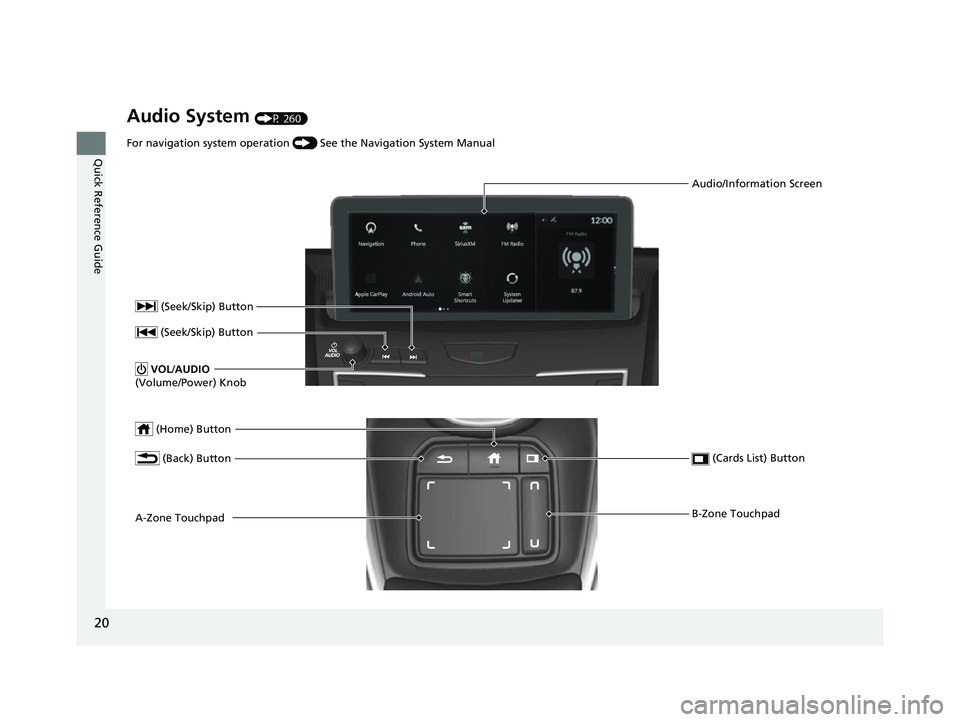 ACURA RDX 2023 Owners Manual 20
Quick Reference Guide
Audio System (P 260)
(Home) Button
(Cards List) Button (Back) Button
Audio/Information Screen
For navigation system operation
() See the Navigation System Manual
A-Zone Tou ACURA RDX 2023 Owners Manual 20
Quick Reference Guide
Audio System (P 260)
(Home) Button
(Cards List) Button (Back) Button
Audio/Information Screen
For navigation system operation
() See the Navigation System Manual
A-Zone Tou