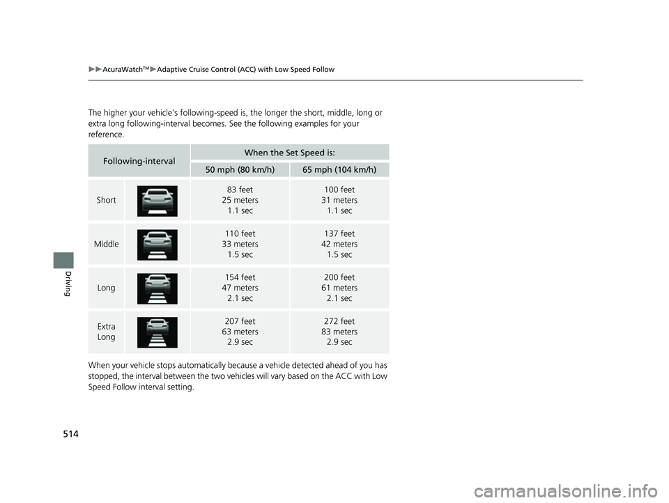 ACURA RDX 2023 Owners Manual 514
uuAcuraWatchTMuAdaptive Cruise Control (ACC) with Low Speed Follow
Driving
The higher your vehicle’s following-speed is, the longer the short, middle, long or
extra long following-interval bec ACURA RDX 2023 Owners Manual 514
uuAcuraWatchTMuAdaptive Cruise Control (ACC) with Low Speed Follow
Driving
The higher your vehicle’s following-speed is, the longer the short, middle, long or
extra long following-interval bec