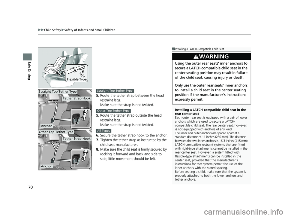 ACURA RDX 2023 Manual PDF uuChild Safety uSafety of Infants and Small Children
70
Safe Driving
5. Route the tether strap between the head 
restraint legs.
Make sure the strap is not twisted.
5. Route the tether strap outside t
