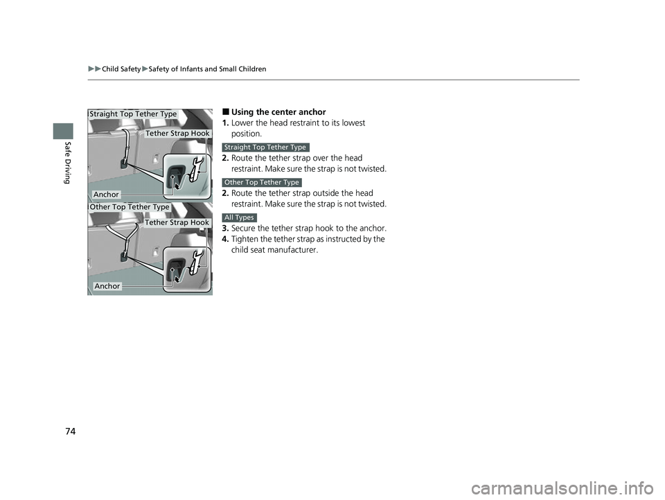 ACURA RDX 2023 Manual PDF 74
uuChild Safety uSafety of Infants and Small Children
Safe Driving
■Using the center anchor
1. Lower the head restra int to its lowest 
position.
2. Route the tether strap over the head 
restraint
