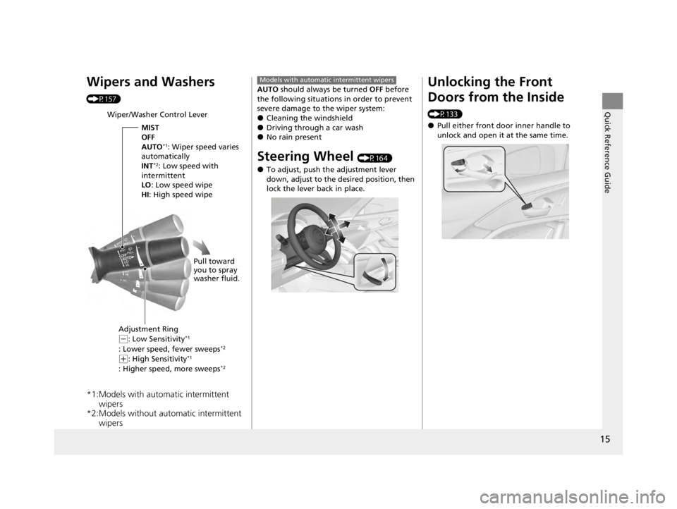 ACURA TLX 2022  Owners Manual 15
Quick Reference Guide
Wipers and Washers 
(P157)
*1:Models with automatic intermittent wipers
*2:Models without automatic intermittent  wipers
Wiper/Washer Control Lever
MIST
OFF
AUTO
*1: Wiper spe